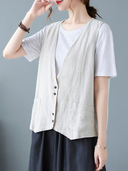 flowersverse Simple Loose V-Neck Solid Color Vest