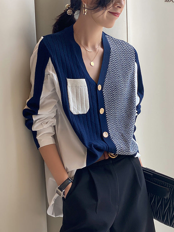 flowersverse Urban Long Sleeves Contrast Color Split-Joint V-Neck Cardigan Tops