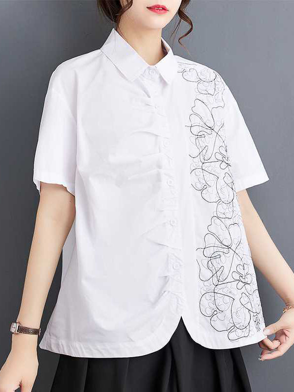 flowersverse Buttoned Embroidered Pleated Irregularity Loose Lapel Collar Blouses&Shirts Tops