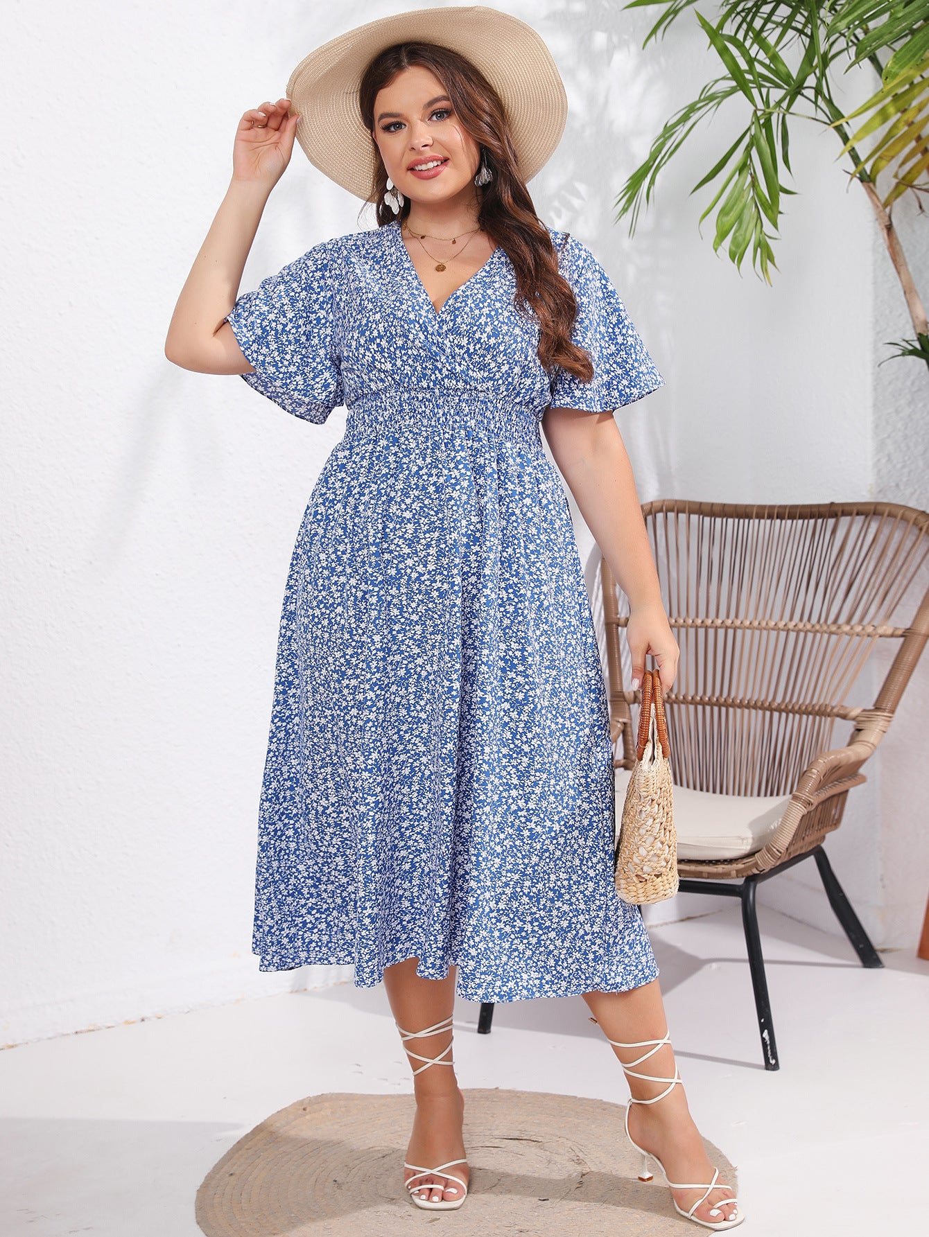 flowersverse Women's Summer Plus Size Short Sleeve V-Neck Slim Waist Print Dress