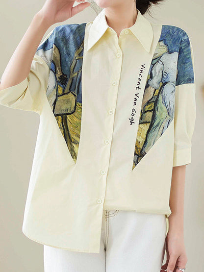 flowersverse Printed Half Sleeves Loose Lapel Blouses&shirts Tops