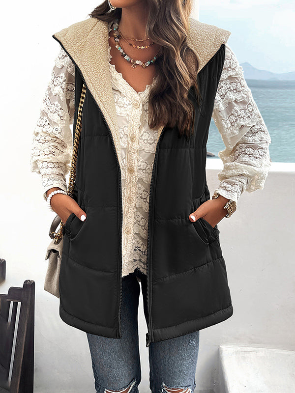 flowersverse Loose Sleeveless Pockets Quilted Reversible Zipper Hooded Padded Vest Vest Outerwear