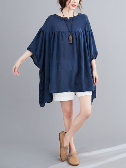 flowersverse Pleated See-Through Solid Color Half Sleeves Loose Round-neck Blouses&shirts Tops