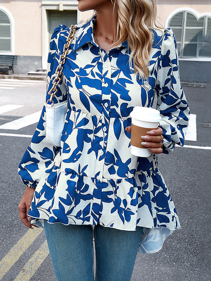 flowersverse Contrast Color Leaves Print High-Low Loose Lapel Blouses&Shirts Tops