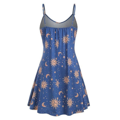 flowersverse Women Starry moon pattern Printed O-Neck Sleeveless Dress