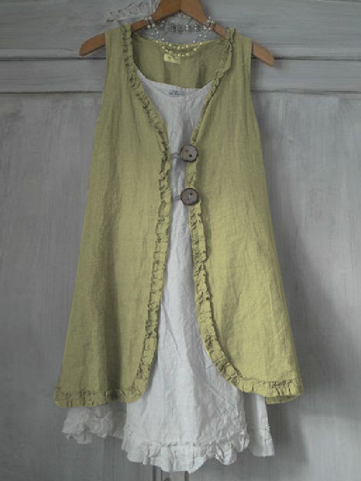 flowersverse Buttoned Ruffled Sleeveless Linen Solid Shirts & Tops Linen