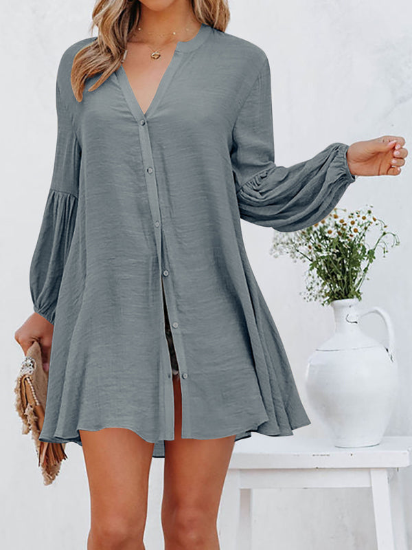 flowersverse Stitching Casual Loose Cardigan Button Puff Sleeve Dress