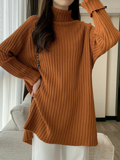 flowersverse Casual Long Sleeves Loose Split-Side Solid Color High-Neck Sweater Tops