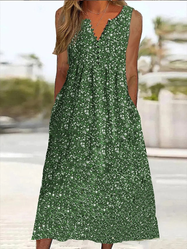 flowersverse Women's Casual Dress Tank Dress Floral Dress Floral Ruched Button V Neck Midi Dress Fashion Modern Outdoor Daily Sleeveless Regular Fit Green Spring Summer S M L XL XXL