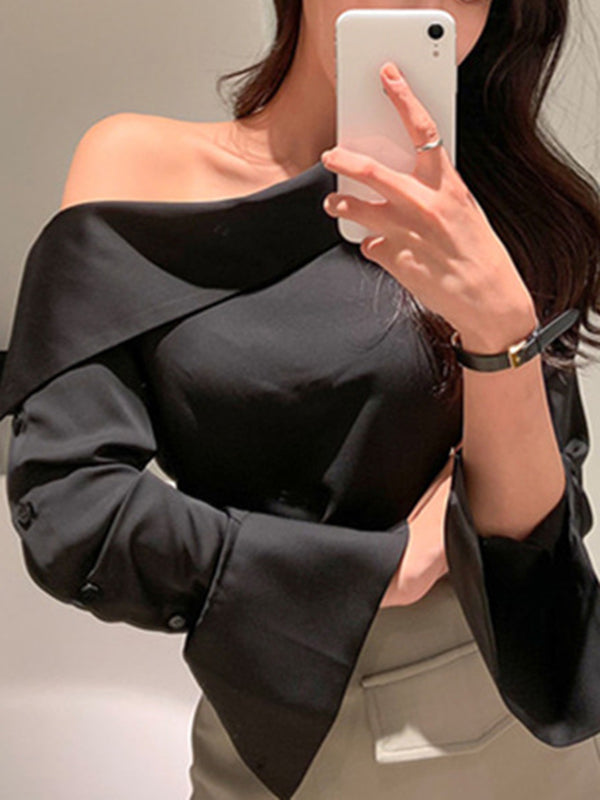 flowersverse Asymmetric Buttoned See-Through Solid Color Long Sleeves One-Shoulder Blouses&Shirts Tops