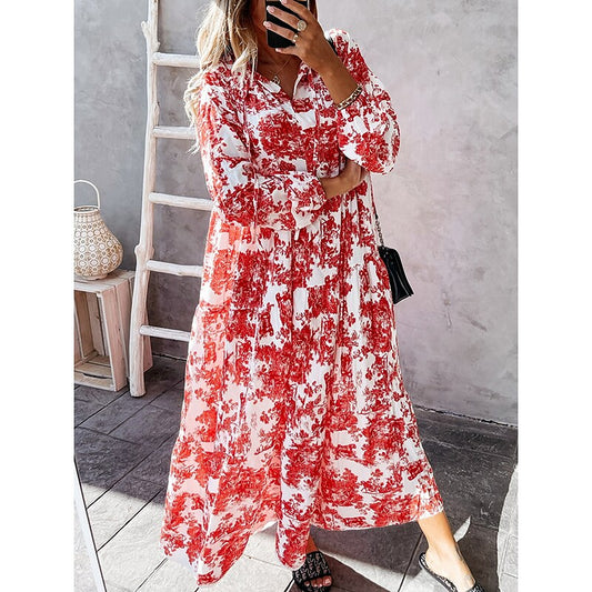 flowersverse Women's Long Dress Maxi Dress Casual Dress Swing Dress Print Dress Floral Fashion Casual Outdoor Daily Vacation Ruffle Print Long Sleeve Shirt Collar Dress Loose Fit Pink Red Blue Fall Spring S M L XL