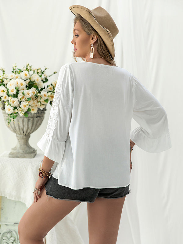 flowersverse Vacation Flared Sleeves Solid Color V-Neck T-Shirt Top