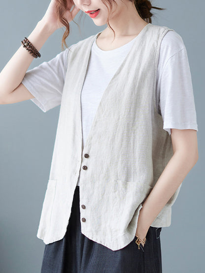 flowersverse Simple Loose V-Neck Solid Color Vest