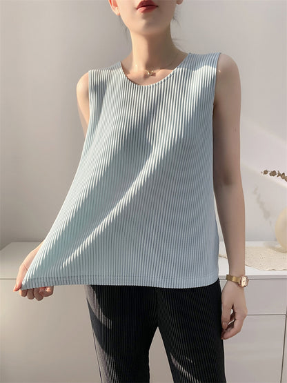 flowersverse Casual Sleeveless Pleated Solid Color Round-Neck Vest Top