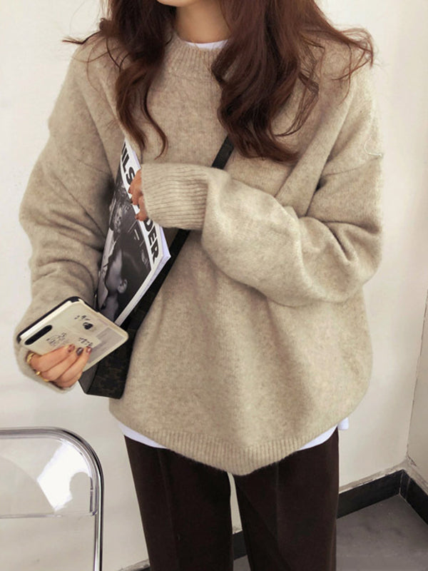 flowersverse Simple Loose Long Sleeves Round-Neck Sweater Tops Pullovers