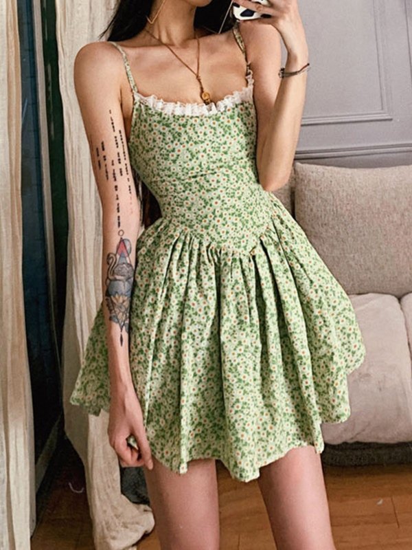 flowersverse Tie Back Floral Green Mini Dress