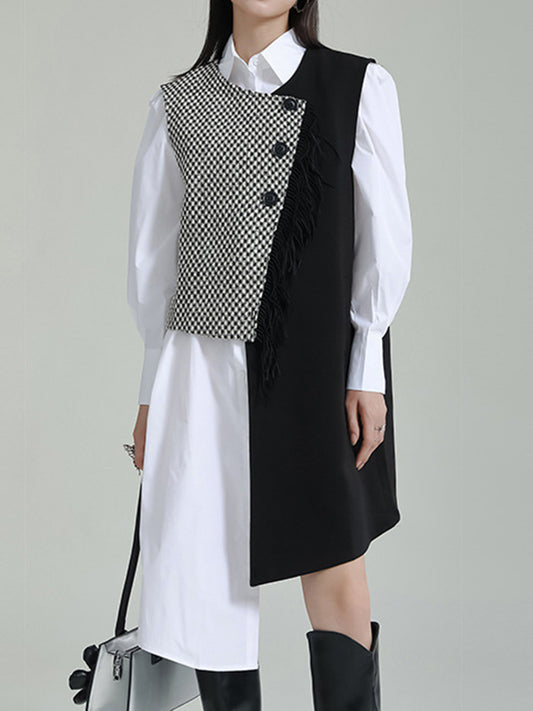 flowersverse Asymmetric Buttoned Houndstooth Sleeveless Vest Outerwear