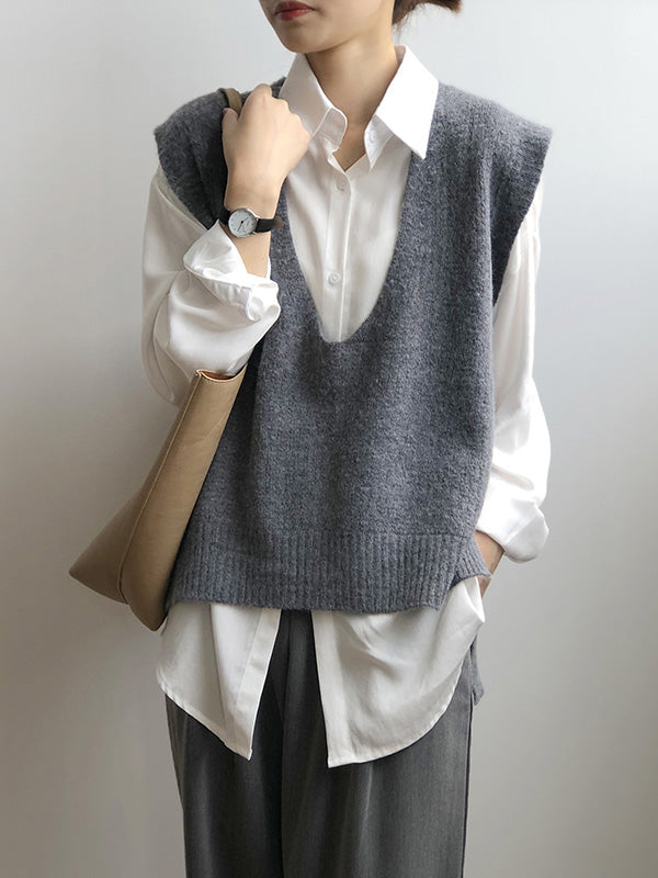 flowersverse Knitting Irregularity Solid V-Neck Vest