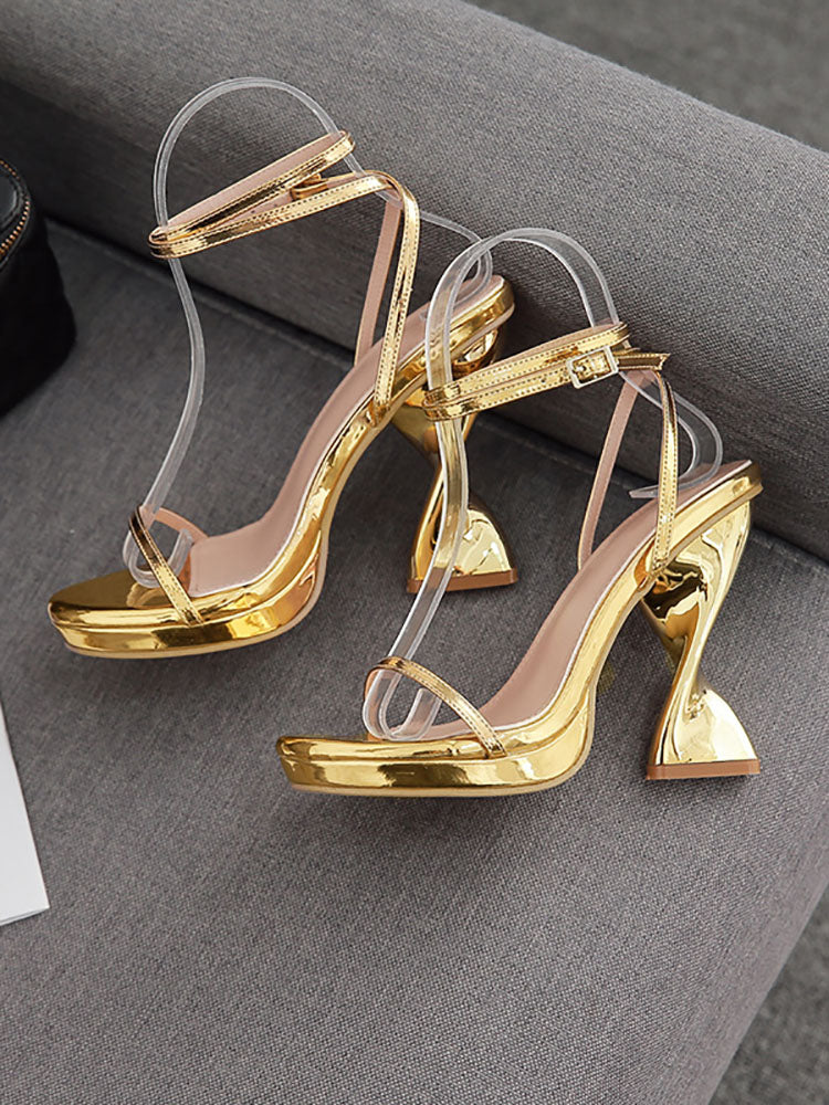 flowersverse Chunky Open Toe Strappy Platform Heels