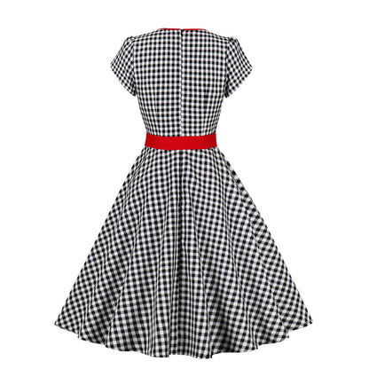 flowersverse Women Vintage Black and White Check Belt Dress