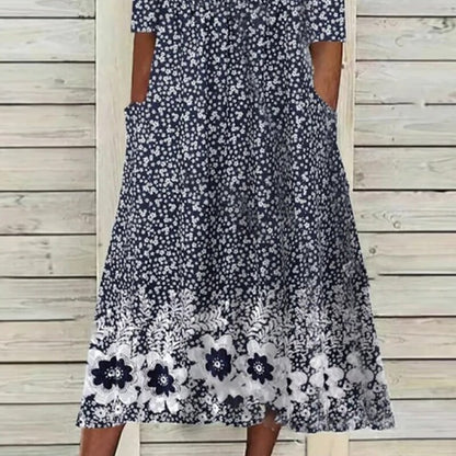 flowersverse Women's Casual Dress Midi Dress Navy Blue Half Sleeve Floral Ruched Summer Spring V Neck Basic Loose Fit  S M L XL XXL 3XL