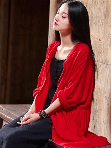 flowersverse Soft Red Ramie Cotton Linen Cover-up Cardigan