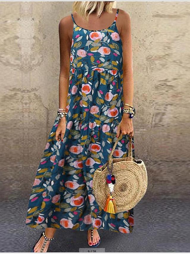 flowersverse Women's A-Line Dress Maxi Long Dress Sleeveless Print Summer Casual Mumu Blue Yellow Dusty Blue M