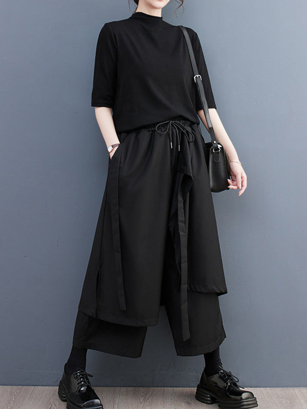 flowersverse Wide Leg Loose Drawstring Solid Color Casual Pants Bottoms Culotte