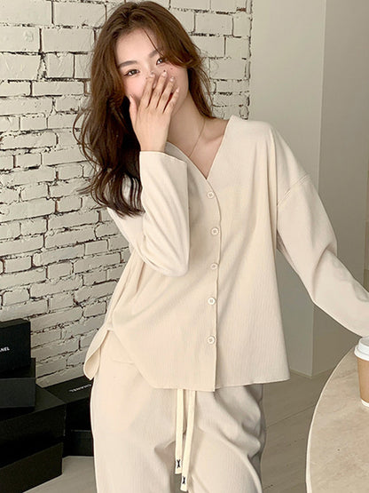 flowersverse Solid Color Long Sleeves V-Neck Cardigan Tops & Pants Pajamas Set