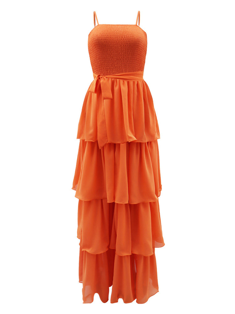 flowersverse Chiffon Spaghetti Strap Ruffle Maxi Dress