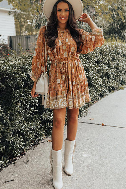 flowersverse Camel 3/4 Sleeve Tie-Waist Pleated Boho Floral Mini Dress