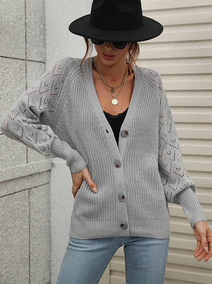 flowersverse Casual Long Sleeves Loose Solid Color V-Neck Cardigan Tops