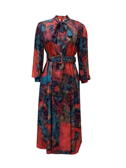 flowersverse Plus Size Tie Neck Mixd Print Belt Design A Line Dress AC2042