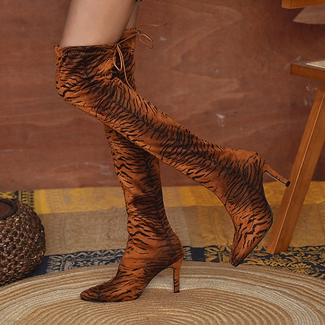 flowersverse Autumn Boots  Women's Boots Heel Boots Daily Over The Knee Boots Winter High Heel Pointed Toe Leopard Tiger Leopard White leopard Tiger pattern