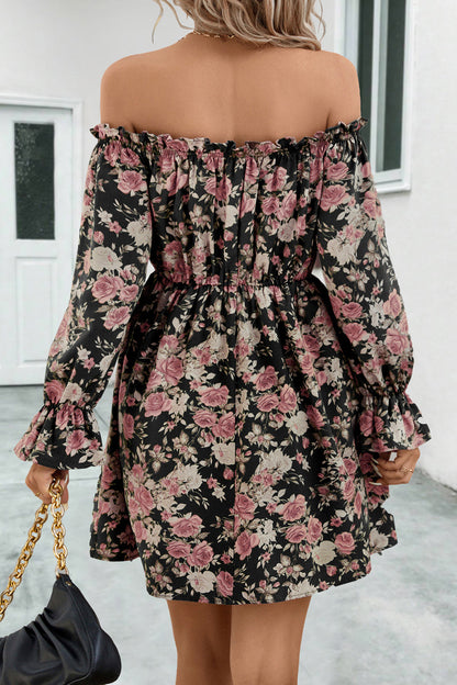 flowersverse Floral Off-Shoulder Flounce Sleeve Mini Dress