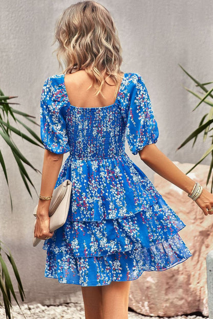 flowersverse Floral Smocked Square Neck Balloon Sleeve Mini Dress