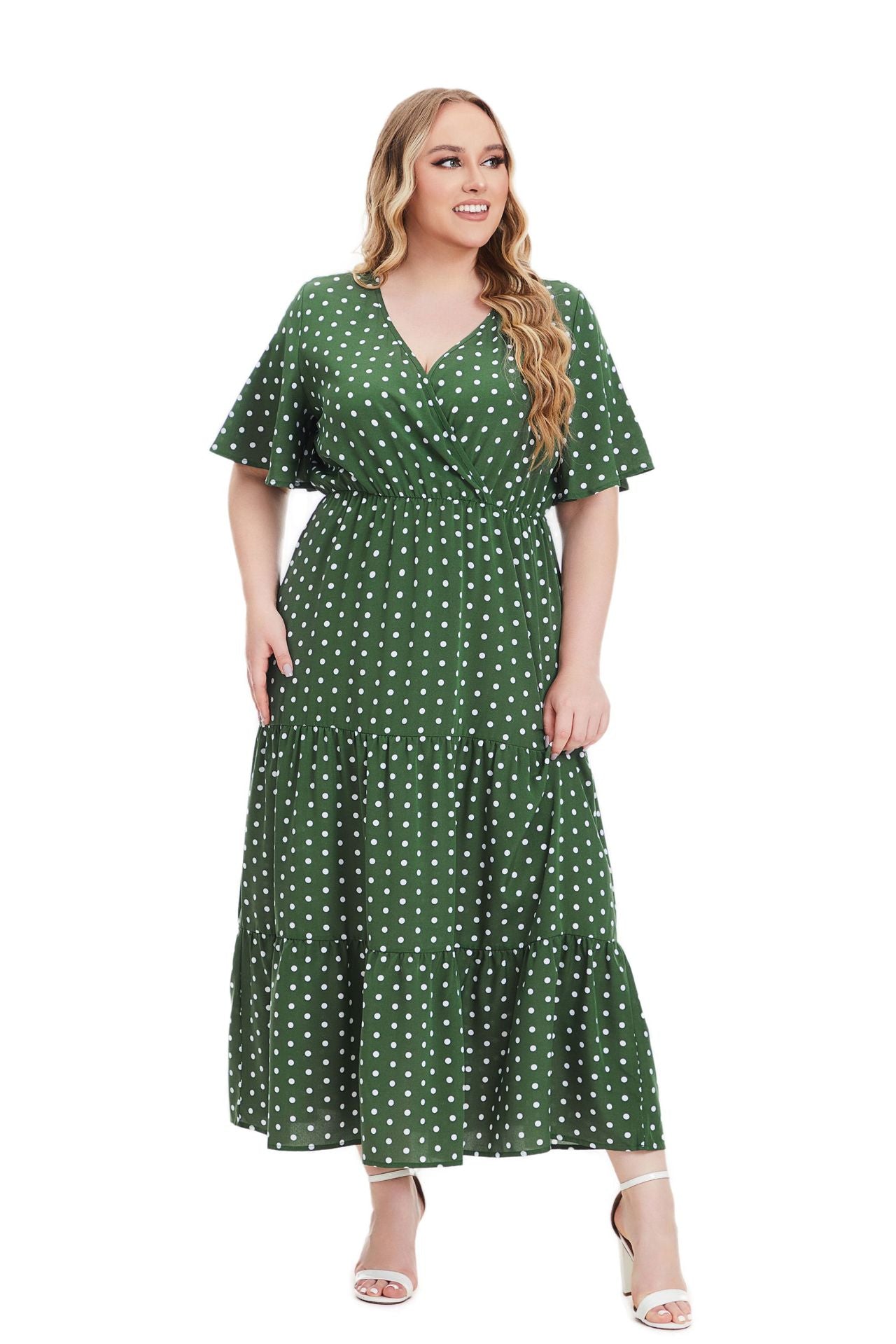 flowersverse Summer Plus Size Women's V Neck Polka Dot Short Sleeve Dress