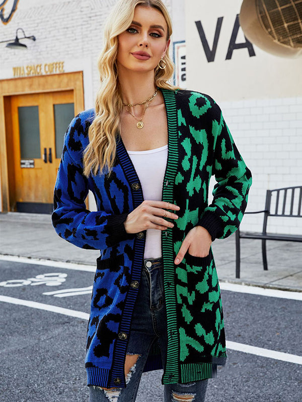 flowersverse Urban Loose Long Sleeves Printed Leopard V-Neck Cardigan Tops