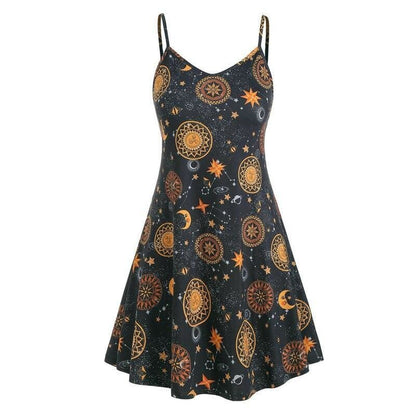 flowersverse Women Starry moon pattern Printed O-Neck Sleeveless Dress