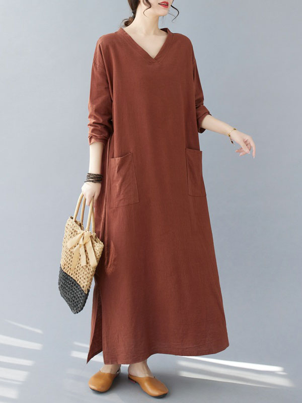 flowersverse Pockets Solid Color Split-Side A-Line Long Sleeves V-Neck Maxi Dresses