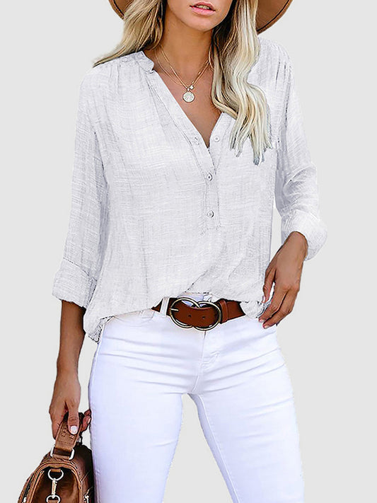 flowersverse Buttoned Pockets Solid Color Long Sleeves Loose V-Neck Blouses&Shirts Tops