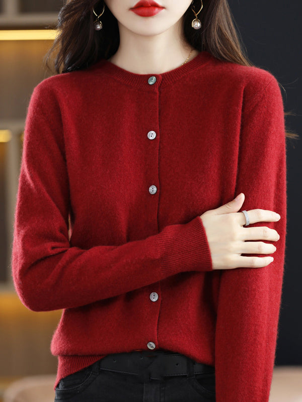 flowersverse Buttoned Elasticity Long Sleeves Round-Neck Knitwear Cardigan Tops