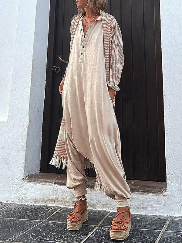 flowersverse Buttoned Loose Sleeveless V-neck Jumpsuits