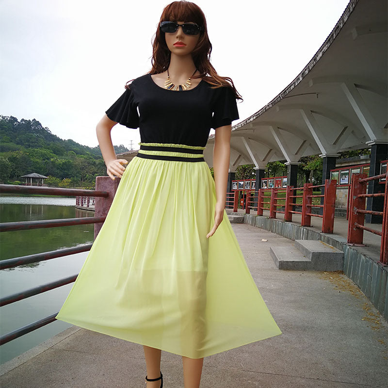 flowersverse Chiffon Stitching Color Long Skirt Large Swing Plus Size Women's Dress