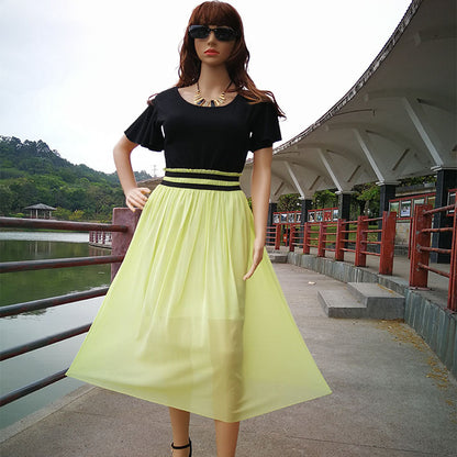 flowersverse Chiffon Stitching Color Long Skirt Large Swing Plus Size Women's Dress