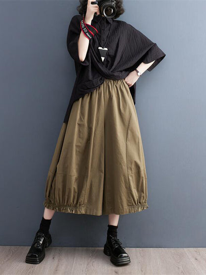 flowersverse Solid Color Split-Joint Ninth Pants Wide Leg Casual Pants Bottoms