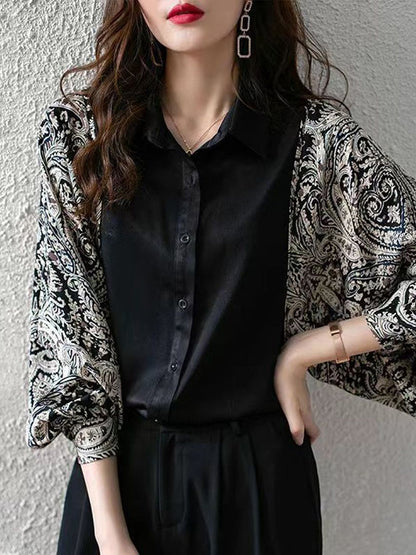 flowersverse Printed Split-Joint Batwing Sleeves Lapel Blouses&Shirts Tops