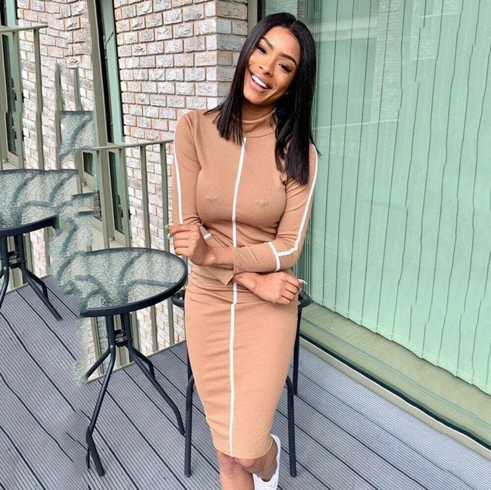 flowersverse Women Autumn Long Sleeve Short Dress Secy Ladies Slim Fit High Neck Dress Bodycon Bandage Casual Slim Dresses