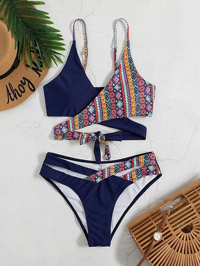 flowersverse Women's Swimwear Bikini Normal Swimsuit 2 Piece Printing Geometic Navy Blue Dark Green Rose Red Bathing Suits Sports Summer