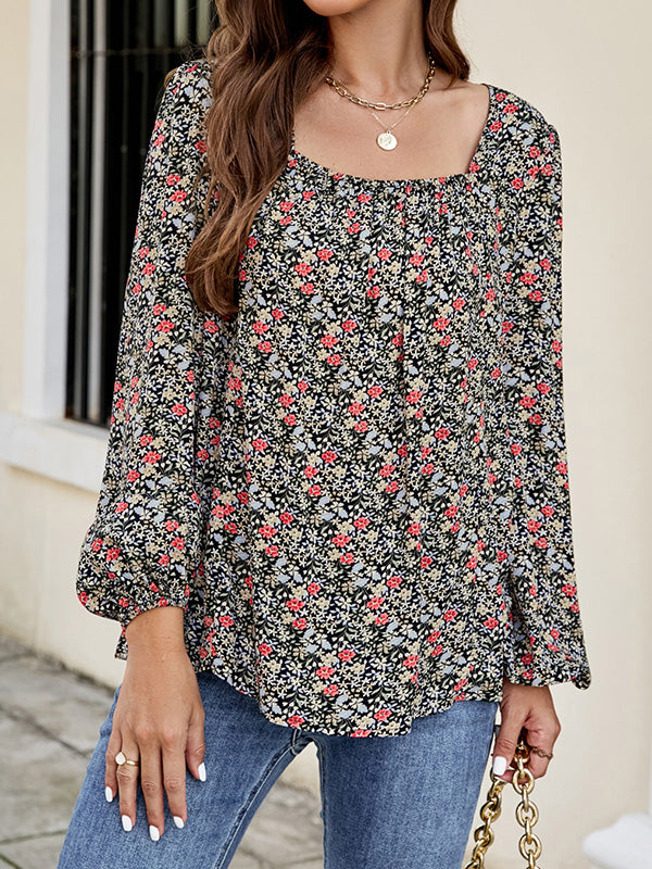 flowersverse Flower Print Bishop Sleeve Long Sleeves Square-Neck Blouses&Shirts Tops